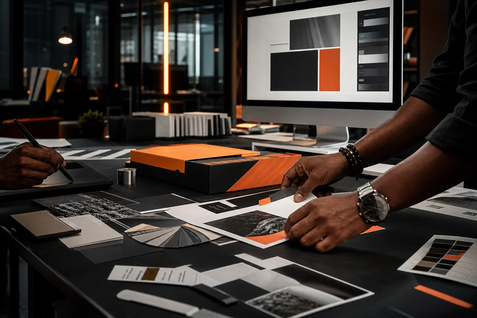 Designers arranging printed brand concepts in a professional studio